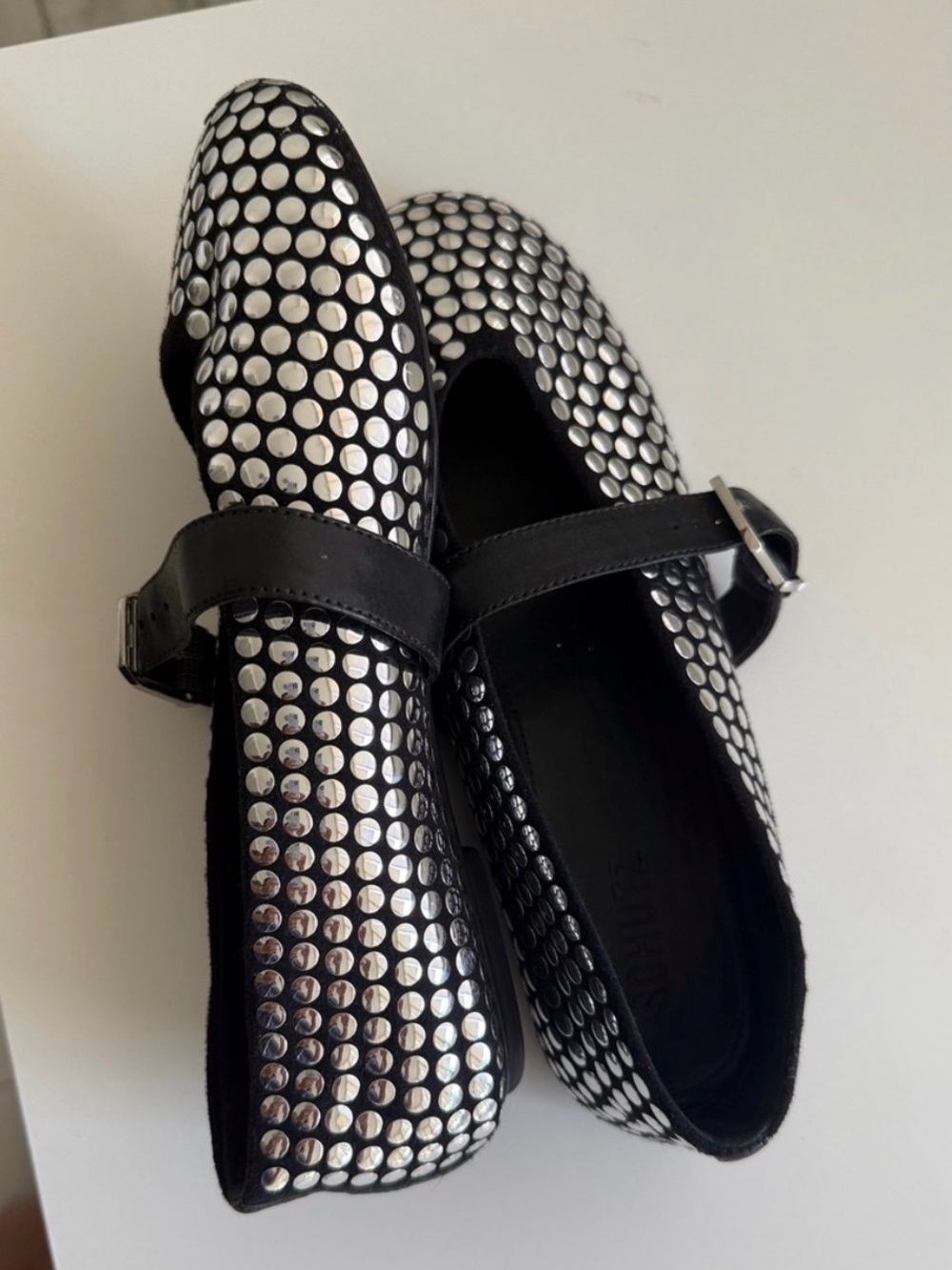 SCHUTZ Black Leather Studded Flats with Silver Accents | Women’s Size 7.5